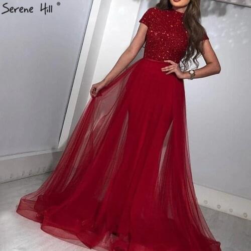 Dubai Luxury Latest Design Red Evening Dresses 2020 Crystal Short Sleeves Evening Gowns Serene Hill LA60793