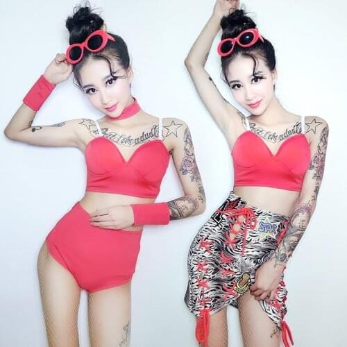 Jazz Costumes Adult Red Sets Pole Dance Bra Shorts Nightclub Women Rave Outfit Leopard Skirt Party DJ Singers Stage Wear VDB1816
