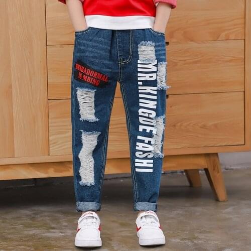 2019 Big Boys Jeans Cotton Fashion Teen-age High Quality Hole Pockets pants Elastic Trousers Full Length Appliques Size 100-160