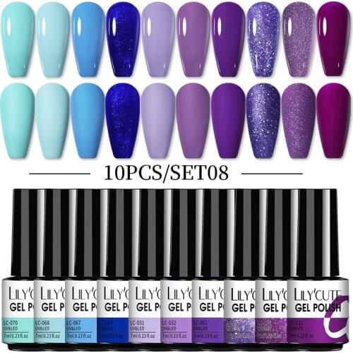 LILYCUTE 7ml Nail Gel Set Purple Series Semi Permanent Hybrid Gel Varnish Base Top Coat Soak Off UV LED Gel Nail Art Polish