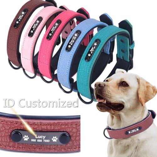 Dog Collar Sturdy Personalized Dog Collar Leather Padded Pet ID Collars Customized for Small Medium Large Dogs Cat 4 Size
