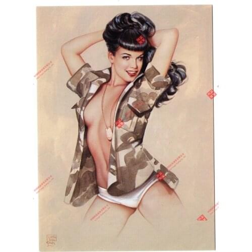 Beautiful Army Camo Bettie Page Fifties Pinup Retro Vintage Postcard/print Racing Motorcycle Helmet Stickers