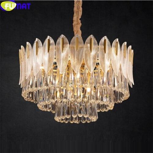 FUMAT Crystal K9 Leaves Round Pendant Light Luxurious Rectangle Multi Layers Chandeliers Modern Style Copper Frame Lamp European