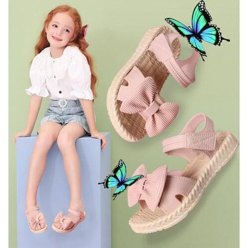 2021 New Summer Pink Baby Girl Sandals Children Shoes Princess Shoes Solid Color Bowknot Soft Bottom Velcro Beach Slippers