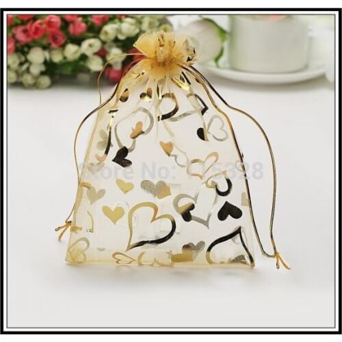 Hot Sale 7x9cm 100pcs/lot Golden Heart Christmas Wedding Gift Candy Bags Organza Drawstring Bags Jewelry Packing Gift Pouches