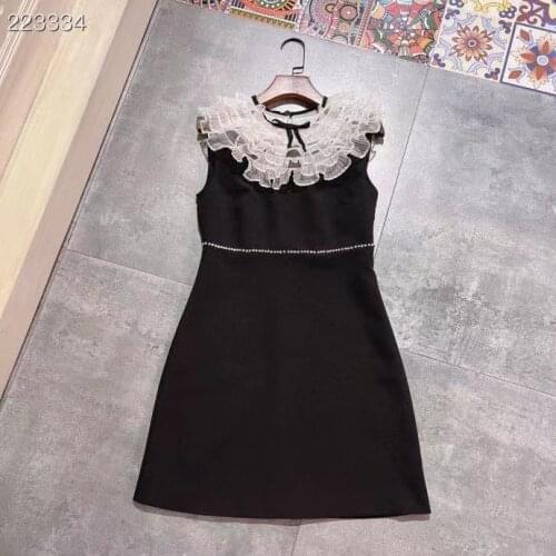 Runway Fashion Women Summer Mini Dress 2021 Designer Sleeveless Black Ruffles Collar Diamonds Party Dress