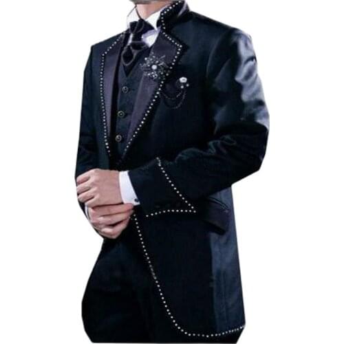 Fashionable Mens Work Busienss Suits Customize Stand Collar Groom Tuxedos Prom Party Dress (Jacket+Pants+Vest) NO:069