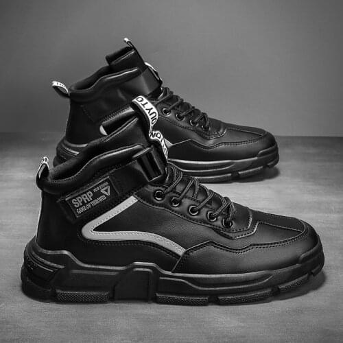 Mens shoes leather top black high top board shoes waterproof and antiskid labor protection work shoes casual shoes