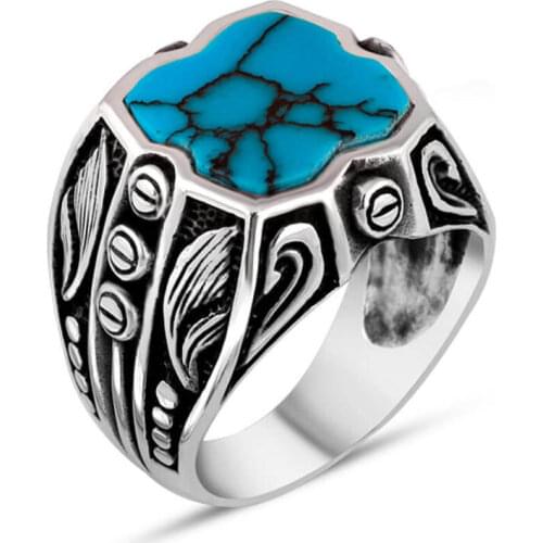 Men Silver Ring With Blue Raw Turquoise Stone With KLeaf Motif Made In Turkey Solid 925 Sterling Silver