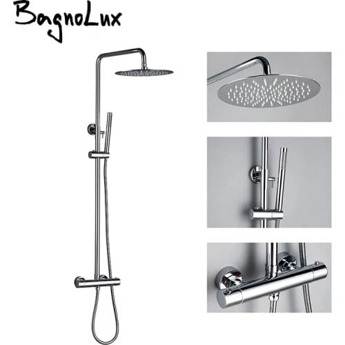Bathroom Shower Set Polished Chrome Matte Black Rain Faucet Wall-Mounted Thermostatic Valve System 8 - 12" Top Spray Head