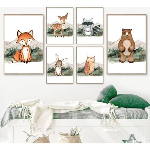 Bear Deer Owl Raccoon Bunny Fox Safari Animals Wall Art Canvas Painting Nordic Posters And Prints Wall Pictures Kids Room Decor