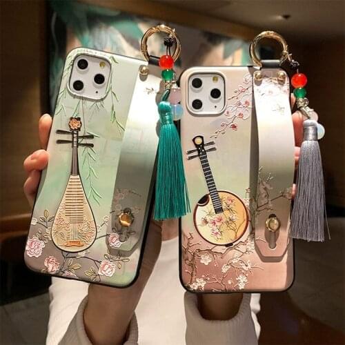 Bead Tassel Case for iPhone SE 12 11 Pro Max Mini XS Max XR X 7 8 6 6S Plus 3D Drawing Embossed Lute Hand Strap Soft Cover Funda