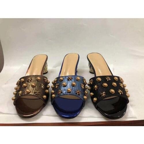 Summer womens high quality real leather rivets sandals Slides Chic high heeled slippers shoes EU35-41 size BY750