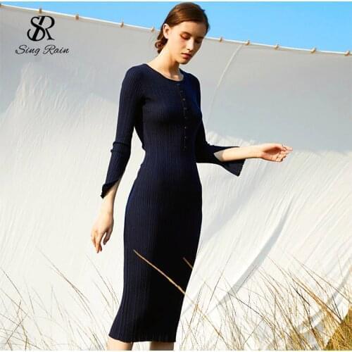 SINGRAIN 2020 Winter Knitted Dress Women Long Sleeves Striped Knit Warm Vestidos Autumn Split Bodycon Thick sweater Long Dresses