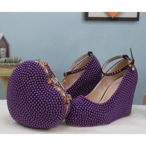 New Puple Peal Platform shoes Wedges Wedding shoes and bag Round Toe Bride Party Dress High Heels Ankle Strap Pumps Hand Bag