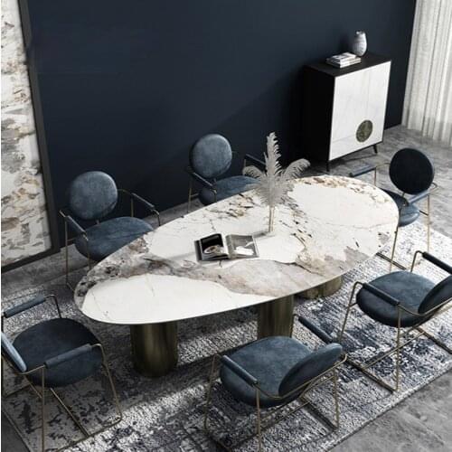 Light luxury bronze stainless steel brushed elliptical marble luxury stone plate dining table special-shaped table