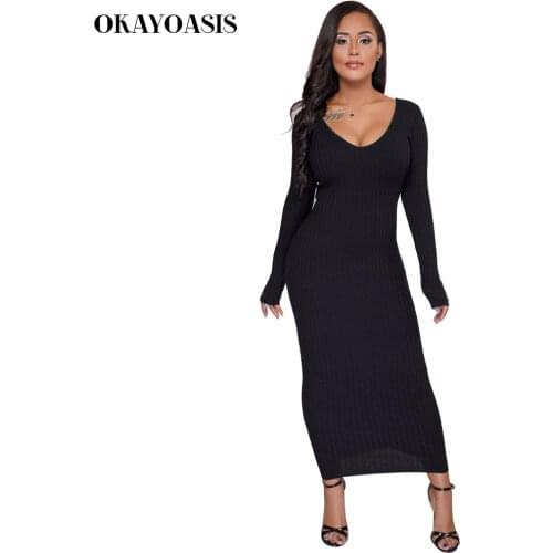 Knitted Dresses Woman Cashmere Sweaters Warm Winter Long Sleeve Sexy Slim Female Pullovers V Neck Sweater Dress Maxi Elegant