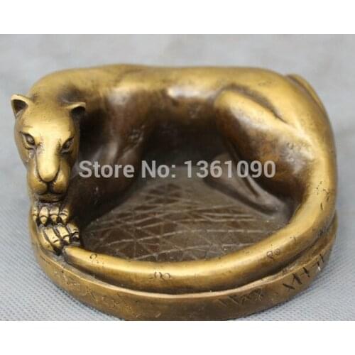 Xd 00770 Chinese Bronze Animals Wealth Wild Lying Spotted Leopard Panther Statue Ashtray