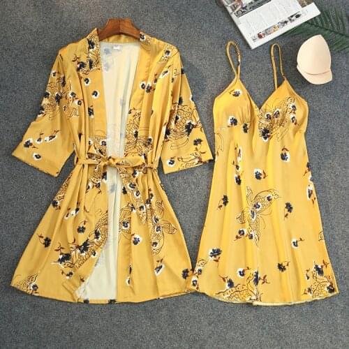 Yellow Sweet Flower Print Kimono Robe Gown Set Lady Spring Summer Faux Silk Sleepwear Sexy V-Neck Strap Night Dress Bathrobe