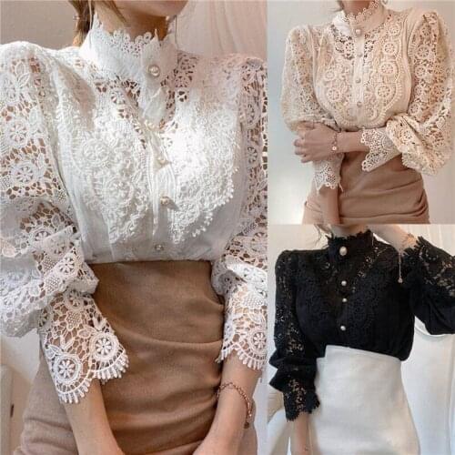 Sumer Sexy Shirt Solid Color Stand Collar Long Sleeve Ladies Button Shirt Lace Hollow Patchwork Shirt