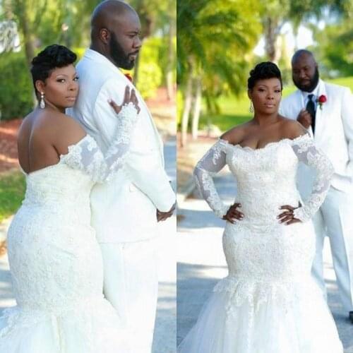 Plus Size Wedding Dresses Sexy Mermaid Long Sleeve Backless Lace Off Shoulder Tulle Custom Made Sheer Wedding Gowns