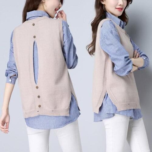 Women Fashion Office Long Sleeve Set Stripes Shirt Knitted Pullover Vest Waistcoat Two Piece Outfit