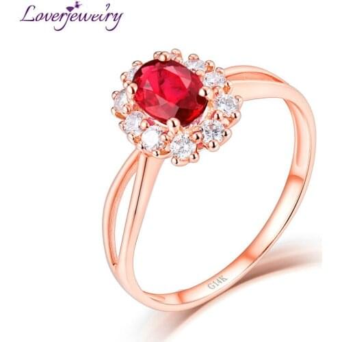 LOVERJEWELRY Rings For Women Solid 14Kt Rose Gold Ruby Center Gemstone Anniversary Wedding Party Rings Diamonds Fine Jewelry