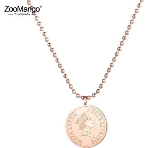 ZooMango Trendy Rose Gold Queen Of Australia Coin Pendant Necklace For Women Simple Portrait Charm Necklace Dainty Gifts ZN18236