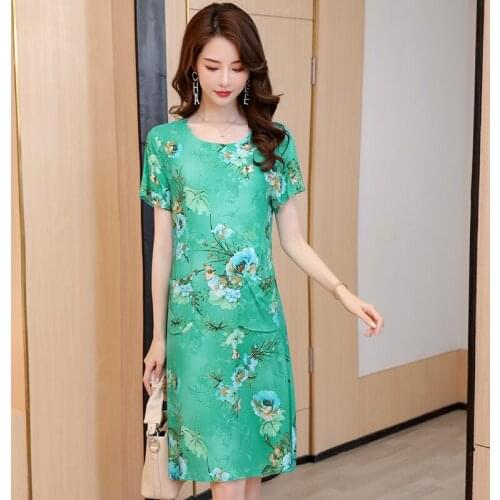 Womens Knee Length Dress Print Short Sleeve Knee Length Ladies Casual Dresses Pockets Summer Dress for Female