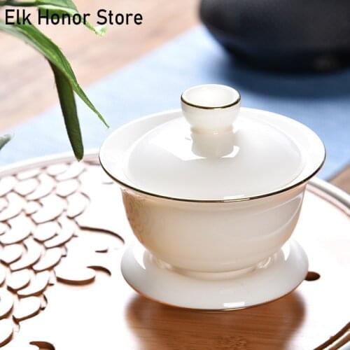 160ml Mutton Fat Jade GaiWan White Jade Porcelain Sancai Tea Cup Gold-banded Ceramic Bowl With Lid Teapot Milk Oolong Teaset