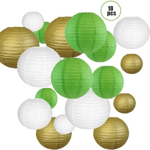 18 pcs 6" 10" 14" White Green Gold Paper Lantern Chinese Round Paper lampion for Wedding Party Hanging Outdoor Indoor Decor