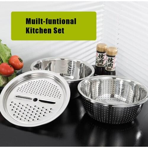 3pcs stainless steel pot vegetable cutter slicer drain basket sieve Colanders Kitchen Tool grater strainer Rice Washing Filter