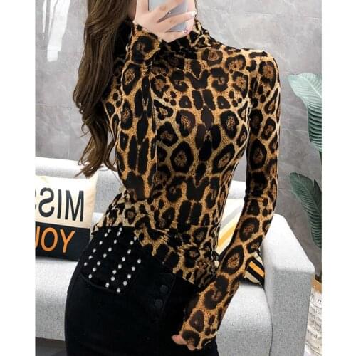 #5545 Spring Autumn Basic Mesh Leopard T-shirt Women Turtleneck Sexy Stretch Turtleneck T Shirt Long Sleeved Tight Woman T Shirt