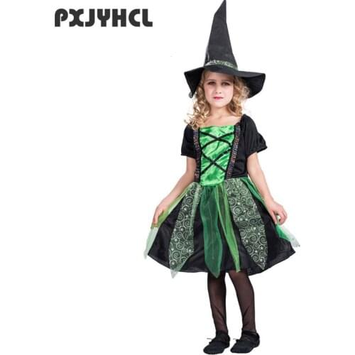 Halloween Kid Witch Costume With Hat Fantasia Party Cosplay Vampire Dress For Girl Fancy Role Play Performance Dance Clothing