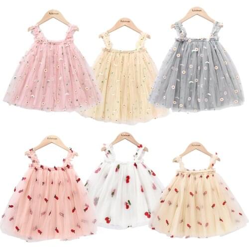 Baby Girl Princess Sleeveless Tulle Dress Lovely Little Daisy / Cherry Girls Dresses Kids Summer Party Dress Toddler Dresses