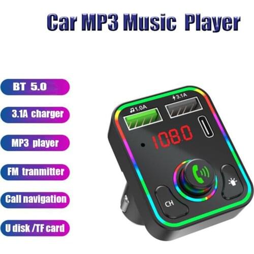 Bluetooth 5.0 Ambient Light FM Transmitter Wireless Handsfree Audio Receiver MP3 Player 3.1A Dual USB Fast Charger Car Accessory