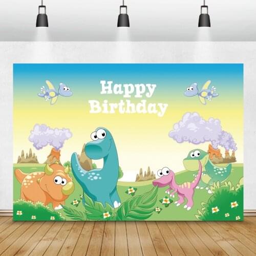 Cartoon Dinosaur Animals Backdrop Children Happy Birthday Party Photography Background Baby Name Custom Poster Photocall Banner