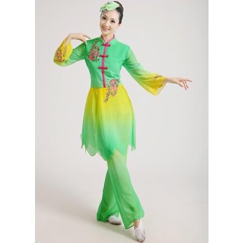 Chinese classical dance costumes yangko dance green Gradient costumes female national dance drum wear stage performance clothes