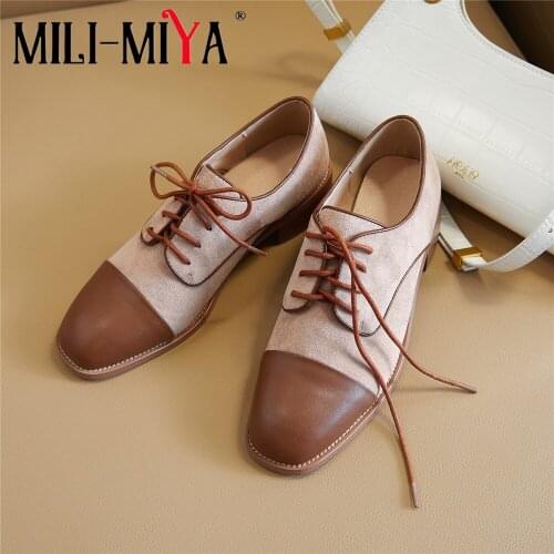 MILI-MIYA Classic Design Women Cow Leather Pumps Lace-Up Square Heels Round Toe Office&Career Spring/Autumn Shoes Size 34-40