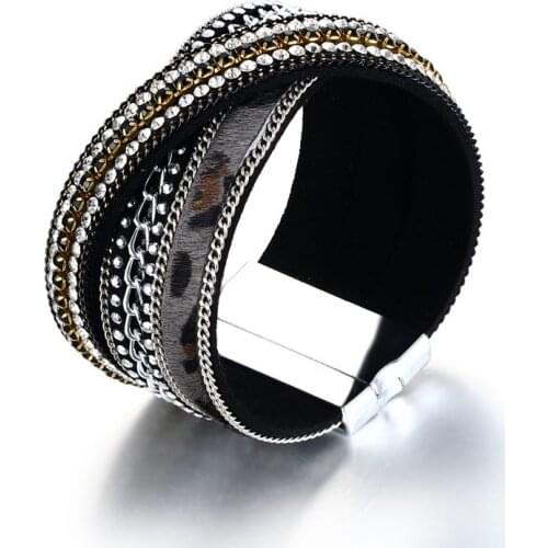 Multi-Layer & Exotic Style Jewelry Alloy PU bracelet Magnetic Buckle Leather Shiny Rhinestones Materia Ladies Wristband Bangle