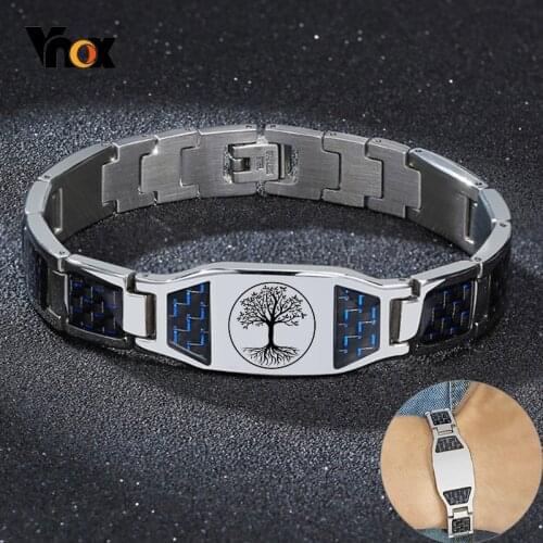 Vnox Customized Carbon Fiber Mens Bracelet Glossy Stainless Steel Link Chain Chunky Wristband Punk Male Jewelry