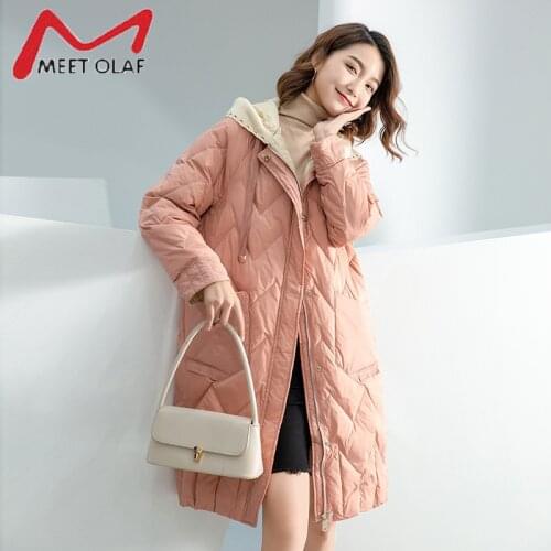 2021 Winter New White Duck Down Jacket Women Plus Size Loose Casual Long Down Pakas Knitted Hat Fake Two Down Coat Female