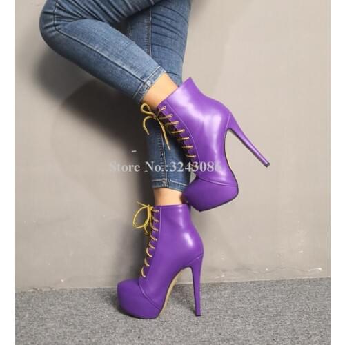 New Purple Leather Platform Ankle Boots Women Fashion Lace-up Stiletto Heel Short Boots Lady Large Size Casual Shoes Real Photos