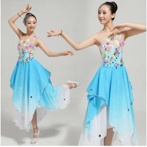 New Chinese classical dance costumes rhinestone sequined blue Gradient yangko/fan/flower/umbrella spring dance clothing