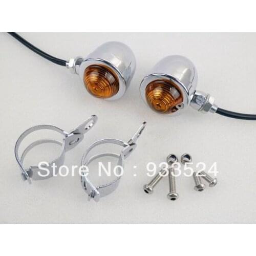 Pair Universal Motorcycle Chrome Turn Signal Running Lights Indicator Blinker Amber Light W/ Relocation Fork Clamp Mount