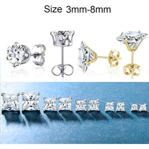 Dropshipping 1 Pair Classic Stainless Steel 3-8mm Stud Earrings For Women CZ Zircon Ear Piercing Surgical Steel Earrings Jewelry