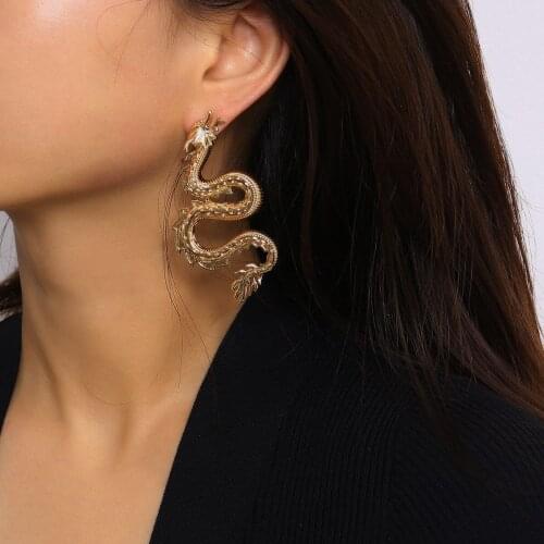 Golden Chinese Dragon Shape Fashion Jewelry Trendy Earrings Drop Earrings Retro For Women Punk Accessories Gift Originality
