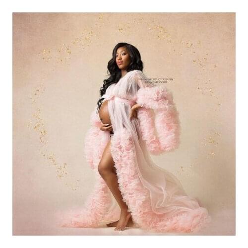 Custom Made Pink Tulle Pregnancy Dresses Long Sleeves With Waistband Ruffles Flouncing Plus Size Maternity Photo Shoot Gown