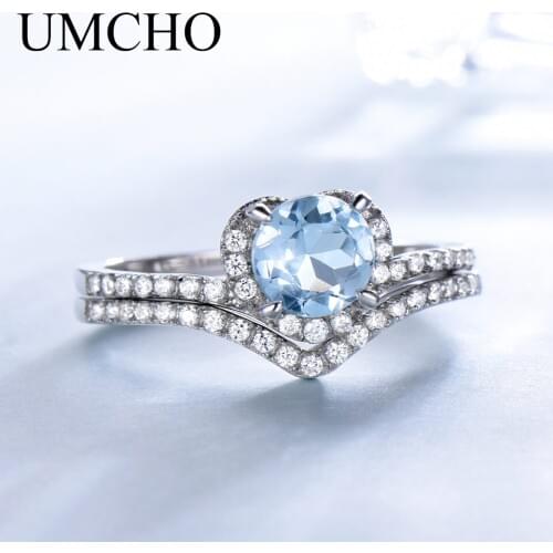 UMCHO Solid 925 Sterling Silver Rings Sky Blue Topaz Colorful Gemstones Double Rings For Women Anniversary Gift Fine Jewelry