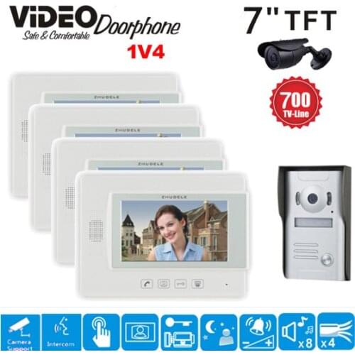 ZHUDELE Door Phone Monitor Video Doorbell Camera Intercom 1V4 Home Security 4 Indoor LCD Screen Display 1 700TVL Pinhole View